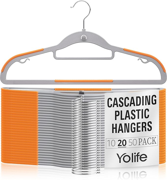 Yolife Cascading Plastic Clothes Hangers 20 Pack with Inner Hook for Vertical Storage, Slim Space Saving Hangers with Non-Slip Pads, 360° Swivel Metal Hook, Versatile, Gray & Orange