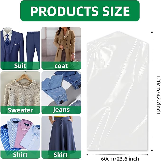 12 Pack Clear Plastic Garment Bags for Hanging Clothes, Dry Cleaning Bags 60x150 cm, Dust-Proof Clothing Protector Covers for Home Storage Travel Dry Cleaner