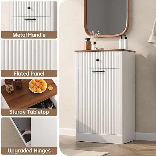 Fluted Tilt Out Laundry Hamper Cabinet, 10 Gallon Hidden Trash Can Cabinet, Wooden 2 in 1 Tilt Out Garbage Can for Kitchen, Bathroom (Antique White, Single)