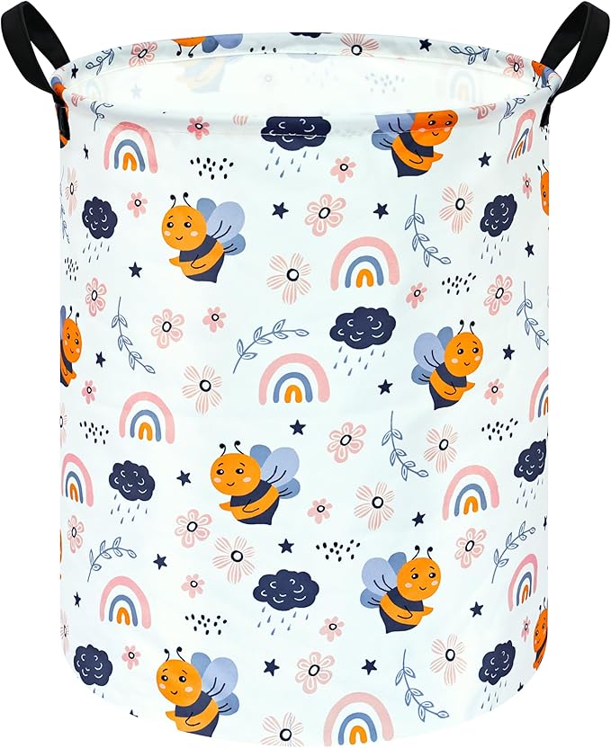 Rainbow Bee Print Canvas Laundry Basket,Waterproof Storage Bin with Handles 15.7" D×19.7" H Foldable Toy Organizer Decor Gift Basket for Kids' Bedroom & Home Organization