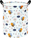 Rainbow Bee Print Canvas Laundry Basket,Waterproof Storage Bin with Handles 15.7" D×19.7" H Foldable Toy Organizer Decor Gift Basket for Kids' Bedroom & Home Organization