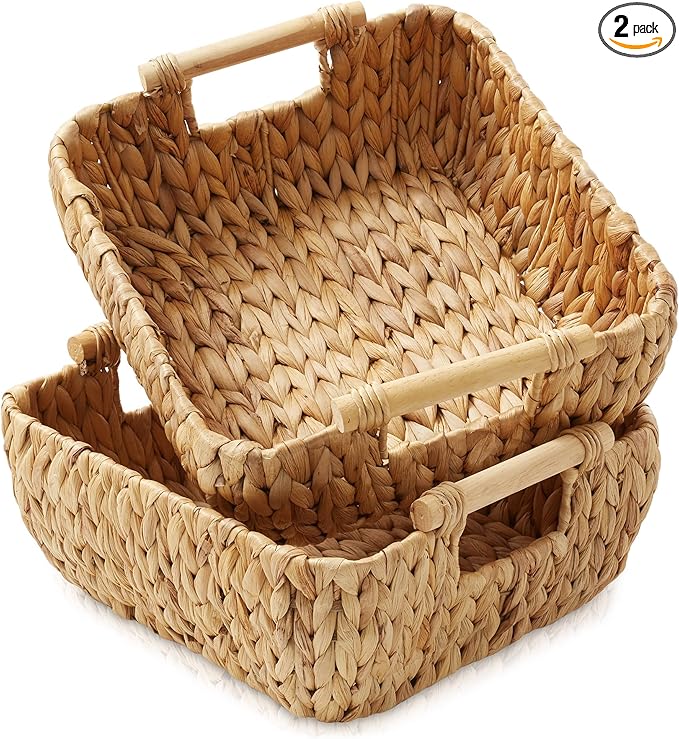 Casafield Set of 2 Water Hyacinth Oval Storage Baskets with Wooden Handles - Small, Woven Bin Organizers