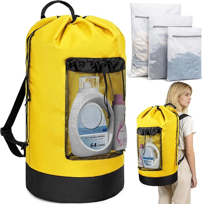 Laundry Bag Backpack with 3 Sizes Mesh Wash Bags and Shoulder Straps Foldable Clothes Hamper Bag with Drawstring Closure for College, Apartment, Laundromat (Yellow)