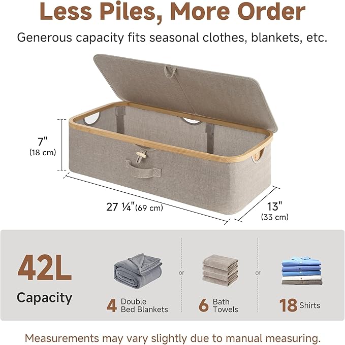 StorageWorks 2-Pack Underbed Storage Box with Bamboo Frame, 42L Flip-Top Under Bed Container for Blankets, Bed Sheets, Coverlets and Towels, Taupe