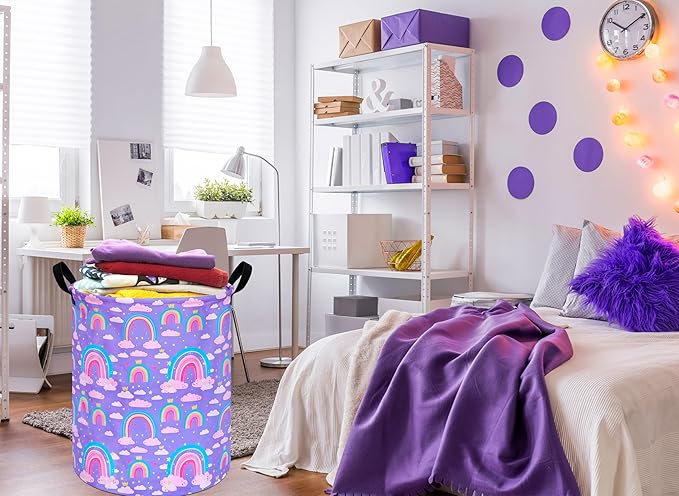 Purple Rainbow 19.7 Inch Round Laundry Clothes Hamper Laundry Basket with Handles,Storage Organizer Bins Laundry Gift Basket for Room, Bedroom Decor