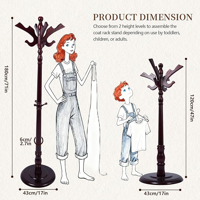 Wooden Coat Rack Freestanding, Creative Brid Hooks, Coat Hanger Stand 11 Hooks, Coat Tree Adjustable Height 73", Round Base, Coat Racks free standing for Entryway Hallway, Porch, Bedroom
