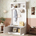 35.5 inch Hall Tree with Bench and Shoe Storage Shelf, Wood Hall Tree with 4 Hooks/Mudroom Bench with Storage and Hooks, Wood Hall Trees for Entryway, Hallway, Living Room, White