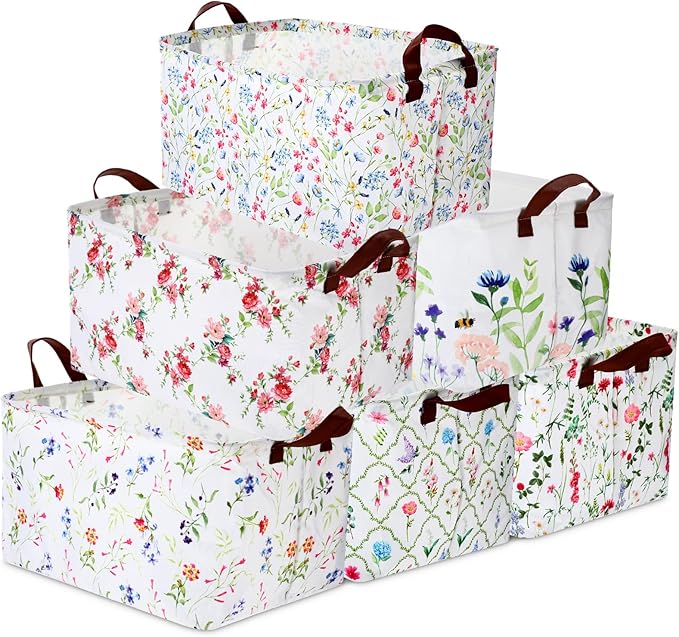 Vesici 6 Pack Large Spring Wildflowers Baskets for Gifts Empty Flower Storage Bins Foldable Floral Storage Basket Rectangular Canvas Boxes with Handle for Books Clothes