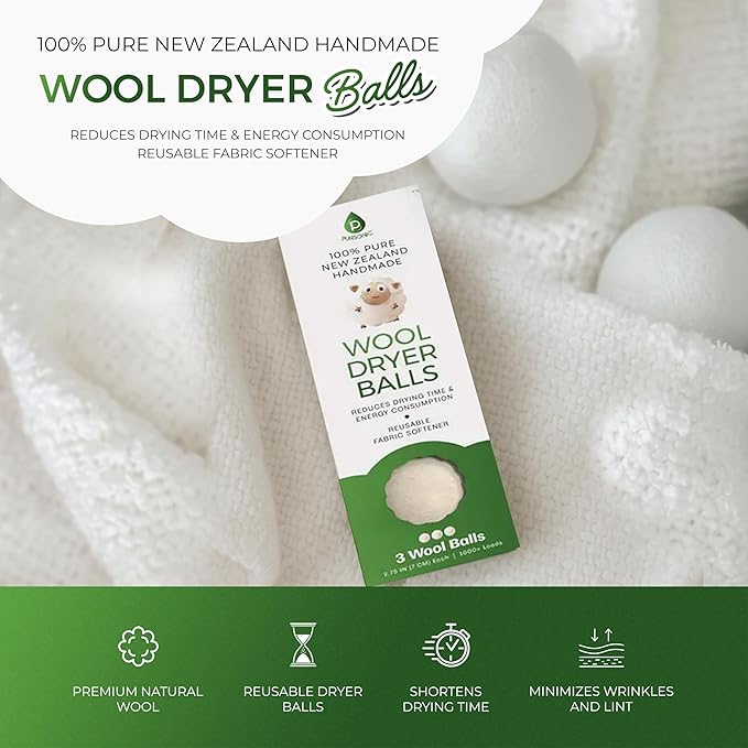 Pursonic Laundry Wool Dryer Balls – Reusable Dryer Balls Made from 100% Pure New Zealand Wool – Natural Fabric Softener Balls - Saves Drying Time/Energy Consumption (Pack of 3)