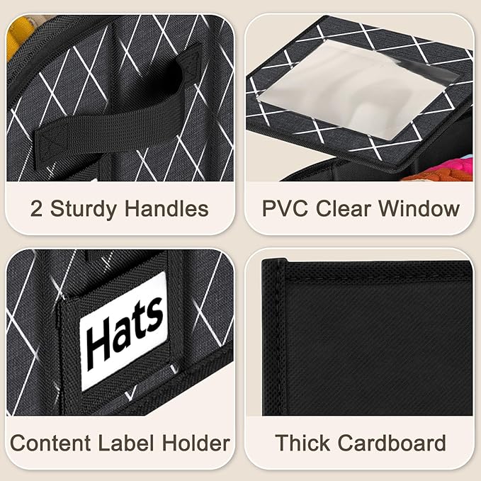 Dofilachy 2 Pack Stackable Hat Storage for Baseball Caps, Holds 28 Caps - Closet Organizer Box with Clear Window & Cardboard，Sturdy Snapback Hat Boxes for Home Storage (lozenge, 2)