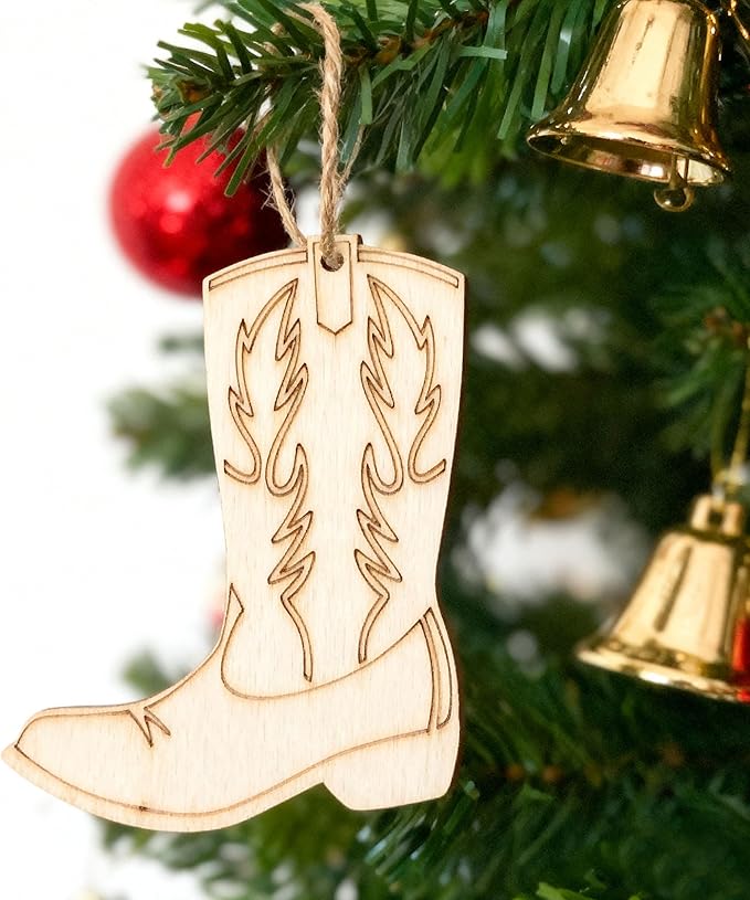 20-Piece DIY Wooden Hollow-Out Cowboy Boot Hanging Ornaments with Jute Twine & Wooden Tags for Wedding, Birthday, Holiday & Rustic Country Party Decorations