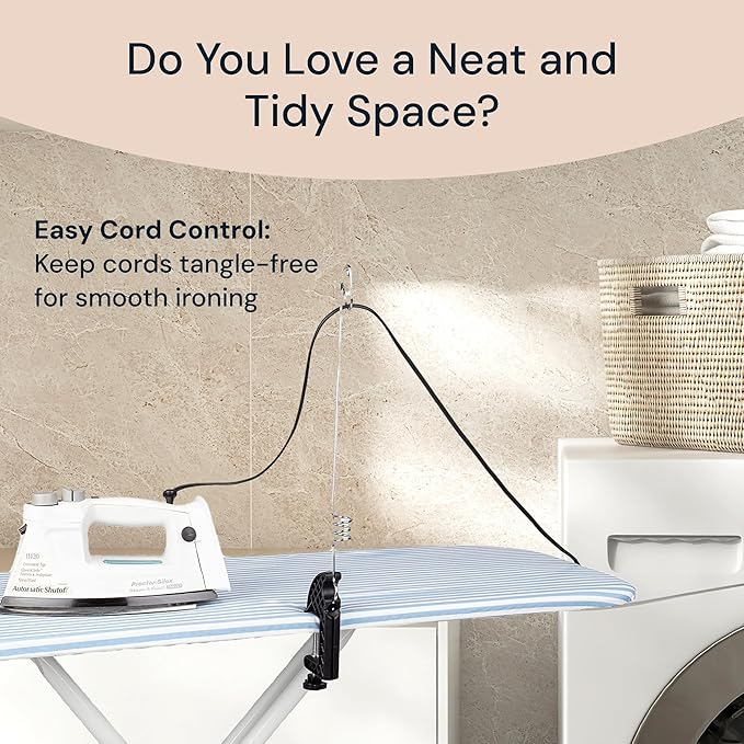 Flexible Iron Cord Holder - Metal, Tabletop Mount - Tangle-Free Pressing & Ironing Board Cord Holder - Universal Fit & Steam Compatibility