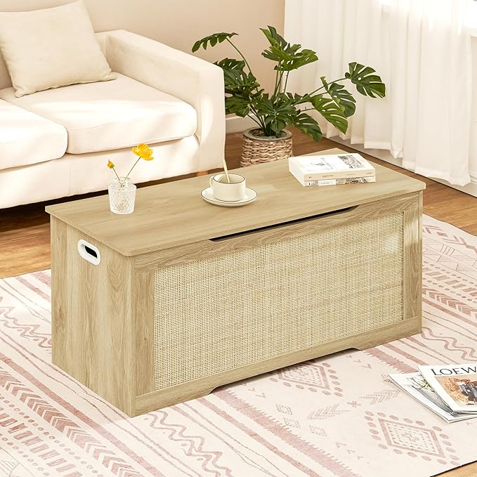 usikey 39.4” Storage Chest, Toy Box with 2 Safety Hinges, Toy Chest for Bedroom, Storage Bench with Storage, Shoe Bench, Supports 220 lb, for Living Room, Entryway, Natural