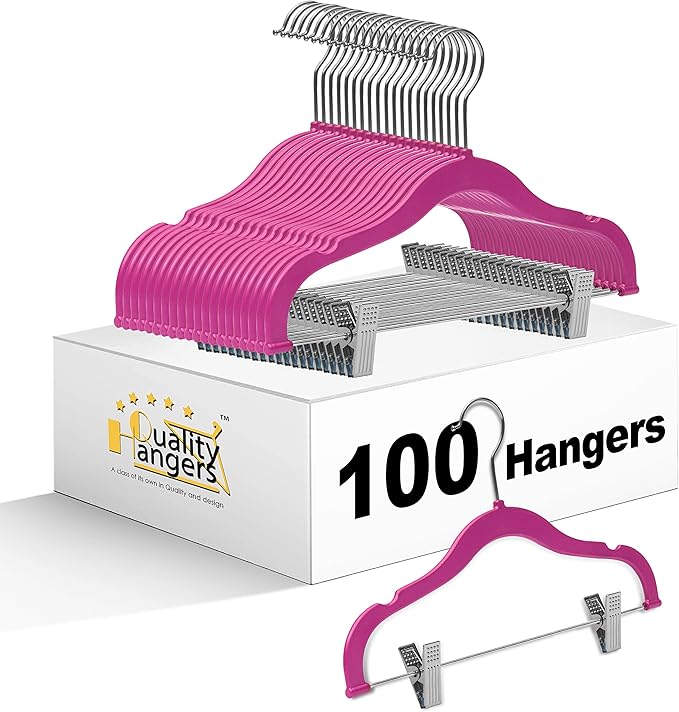 100 Quality Kids Plastic Non Velvet Non-Flocked Thin Compact Skirt Pant Coat Hangers with Metal Clips for Skirts Pants Blouses 360° Swivel Hook, Jacket, Shirt, Pants, Suit Hangers (Pink, 100)