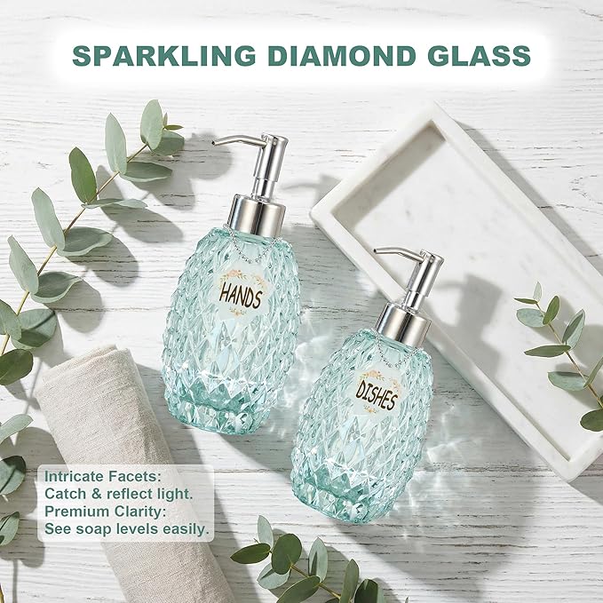 MALACHI Soap Dispenser Set, Crystal-Textured Diamond Glass with Rustproof Stainless Steel Pump, Dual-Labelled Hand & Dish Soap Dispenser for Kitchen & Bathroom