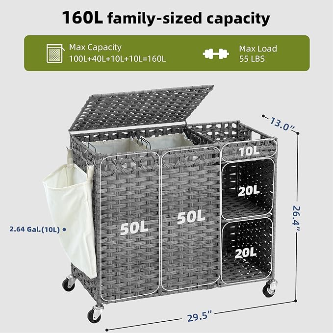 Laundry Hamper with Lid, 160L Rattan Wicker Laundry Basket with Wheels, Handwoven Laundry Hamper 2-Section with Storage shelf(42.3 Gal), Laundry Sorter Basket with Removable Liner, Grey HLH032G