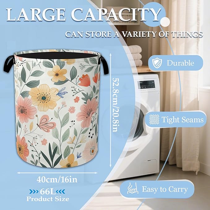 Floral Print Laundry Basket Collapsible Laundry Hamper with Handle, Waterproof Oxford Cloth Storage Bin for Bathroom/Bedroom/Dormitories 16 X 20.8 Inch