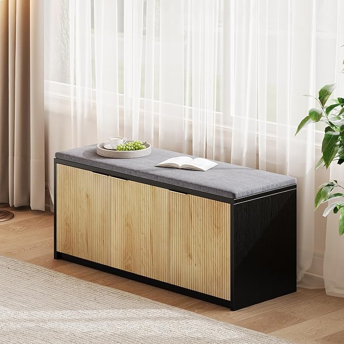 2-Tier Shoe Storage Bench with 3 Doors & Adjustable Shelf, Removable Padded Seat Cushion, 41.3" Entryway Bench for Living Room, Bedroom, Hallway – Wood Grain & Black Modern Farmhouse Design