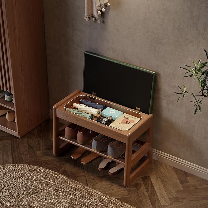 AQIMUELE Small Shoe Rack Bench,2 Tiers Shoe Bench with Storage with Flip-Top,Wood Shoe Rack for Entryway,Hallway（Green Upholstered Seat