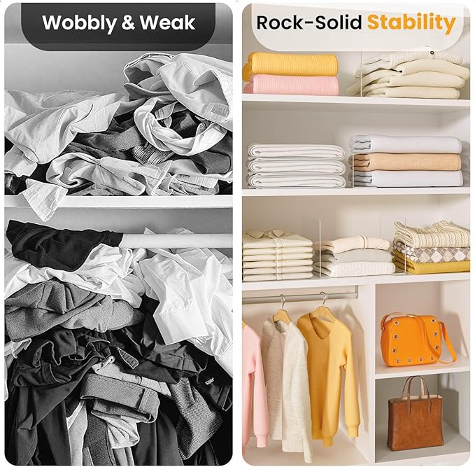 Shelf Dividers for Closet Organization – Acrylic Clear Sturdy Dividers to Keep Clothes, Sweaters & Purses Upright, Free-Standing for Wood Shelves, 10" Tall x 12" Deep, 8 Pack