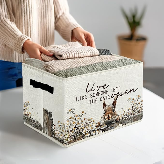 Rustic Squirrel Storage Bins & Boxes with Handles, Farmhouse Squirrel Foldable Basket for Organizing, Live Like Someone Left the Gate Open Collapsible Storage Basket for Bedroom Bathroom Clothes
