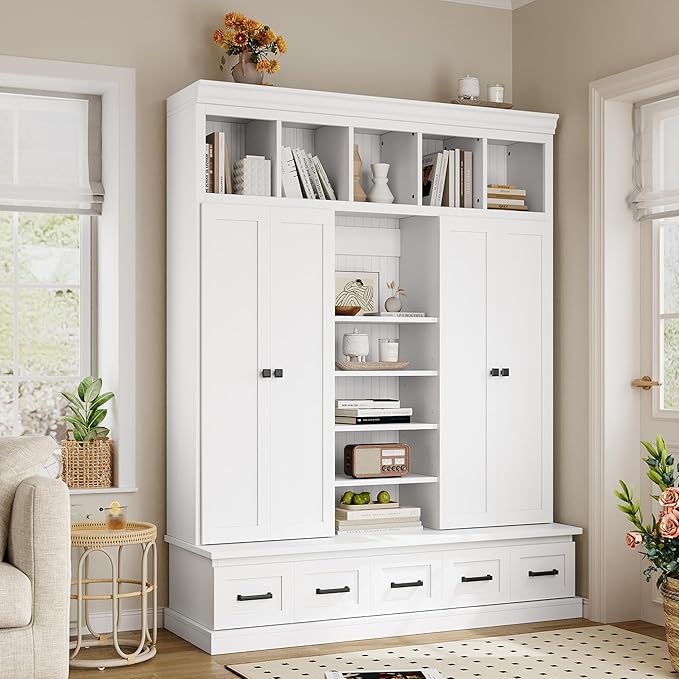 Modern Hall Tree with Bench and 5 Storage Cubbies, 5 Drawers and Adjustable Shelves, 78.7''H Hall Tree Entryway Storage Organizer Cabinet with 4 Doors for Hallway, Entryway, Living Room (White/506)