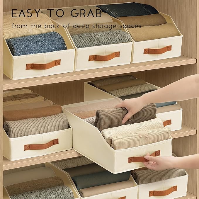 Fabric Storage Bins for Organizing - 8 Pack Large Trapezoid Collapsible Storage Bins with Front Handle, Closet Organizers and Storage for Bedroom, Home Shelves, Small Spaces, Beige