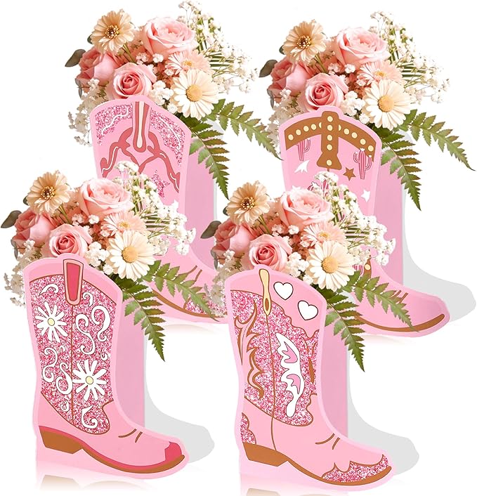 JeVenis 12 PCS Western Cowgirl Boots Flower Boxes Centerpiece Boot Shape Gift Boxes Party Decoration Vase Pink Centerpieces Boot Rodeo Birthday Baby Shower Wedding Supplies