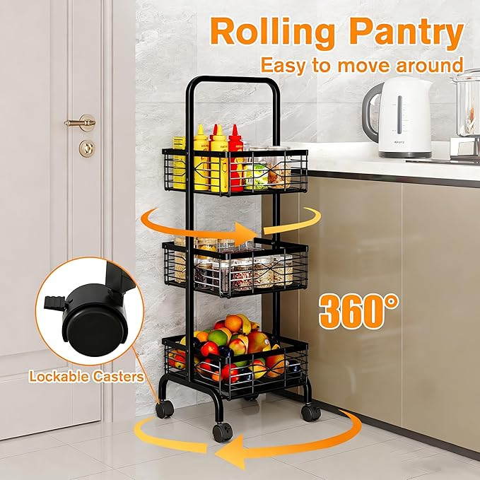 3 Tier Rolling Cart, Heavy Duty Metal Utility Cart with 4 Lockable Wheels & Handle, Multi-Purpose Storage Organizer for Kitchen, Bathroom, Laundry Room, Pantry, Office, Craft, Makeup (Black)