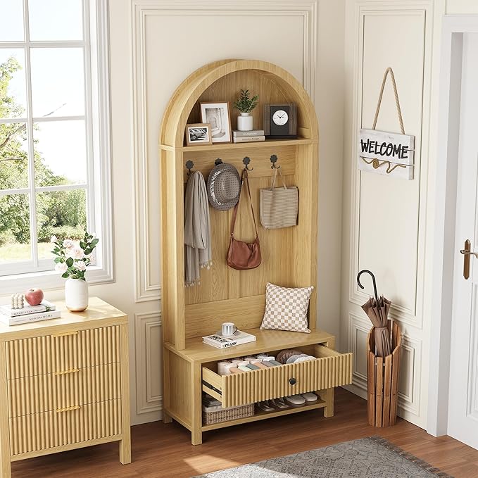 70.86-inch Entryway Hall Tree, Farmhouse-Style Wooden Coat Rack Freestanding, Entryway Organizer with Four Hooks, Standing Shoe Rack with Bench for Hallways, Foyers, and Living Rooms, Natural