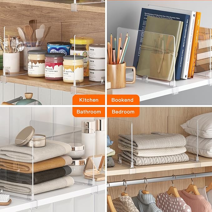 Fixwal 8 PCS Detachable Acrylic Shelf Dividers for Closet Organization Clear Shelf Divider for Closet Organizers and Vertical Purse Organizer for Closet, Bedroom, Kitchen, Office, Cabinets, Bathroom