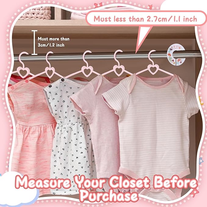 Pink Heart Baby Hangers 50 Pack Plastic Baby Clothes Hangers with Clips Non-Slip Laundry Kids Infant Hanger for Newborn Toddler Clothes, Stackable Space Saving