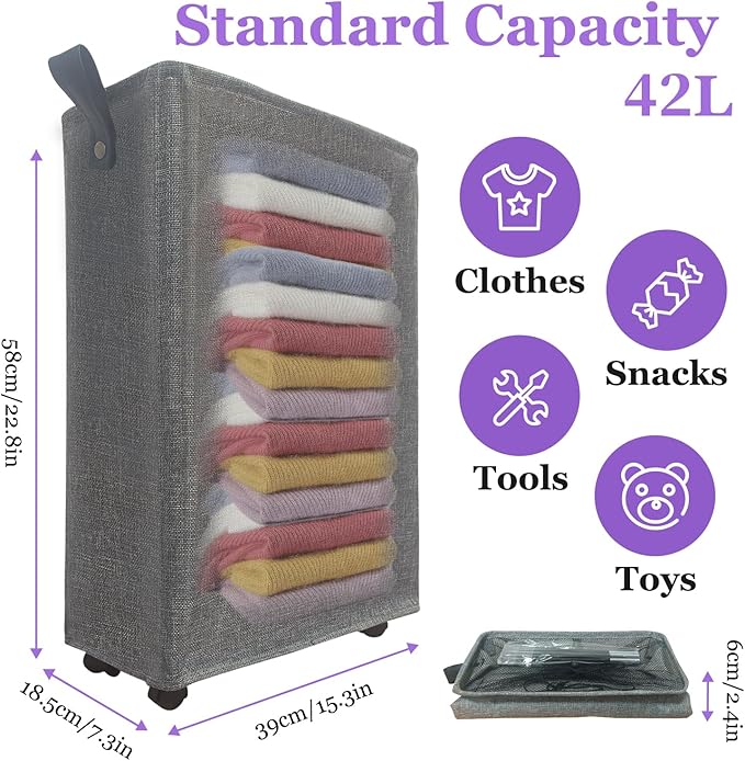 Slim Rolling Laundry Basket with Wheels, 42L Narrow Laundry Hamper with Mesh Drawstring Cover & Handles, Collapsible Dirty Clothes Bin for Small Spaces, Dorm, Apartment, Bathroom, Dark Grey