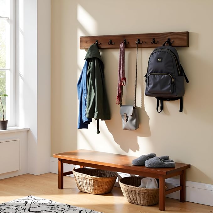 Pomona Metal and Wood Wall Coat Hook, 48 in. , Brown, 6-Hook Entryway Rack for Jackets, Scarves & Bags, Strong, Slim Wooden Design for Tight Spaces, Solid Finish, Solid Pine Wood & Metal