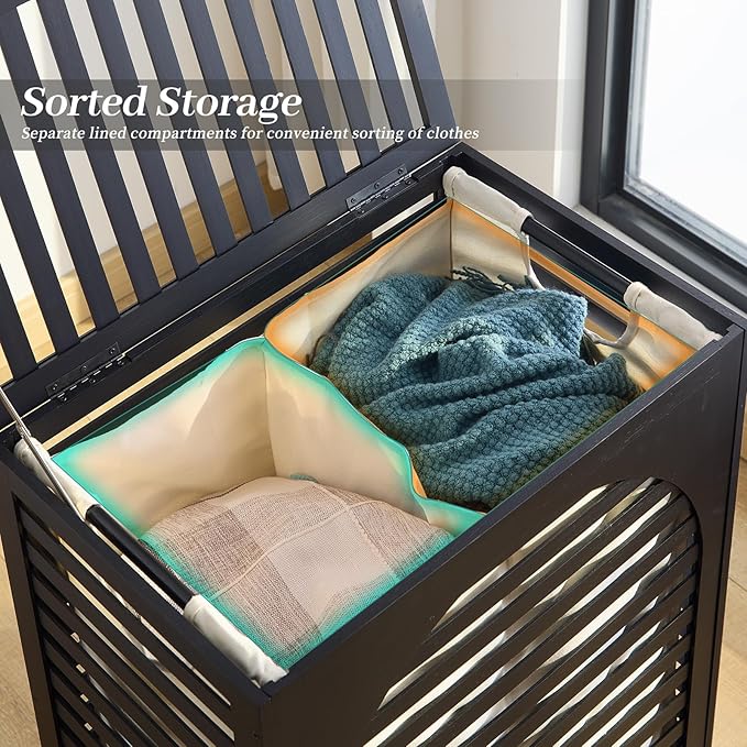 Laundry Hamper with Lid, Bamboo Clothes Laundry Basket with Handles, Removable 2-Section Liner bag, Hampers for Bedroom Aesthetic, Large Storage for Bath Towel, Sheets or Toys, Home (Black)