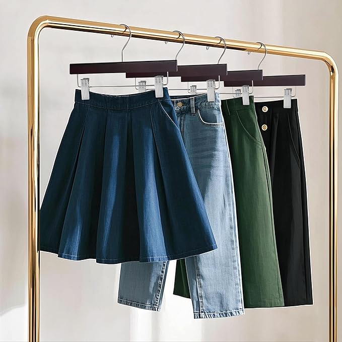 Quality Hangers Wooden Pants Hangers - 10-Pack Swivel Hook Cloth Hanger Set - Lotus Wood Skirt, Pant, Shorts and Slack Hangers with Adjustable Clip – Mahogany Clothing Hanger (Mahogany, 10)
