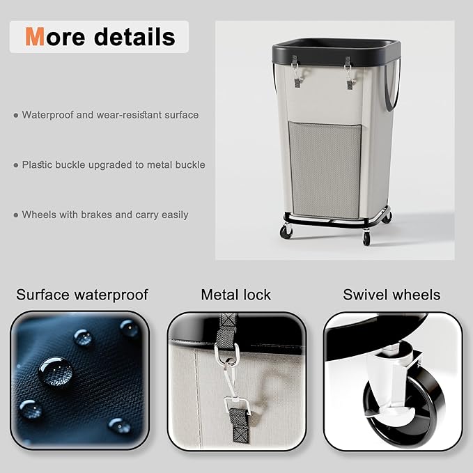 Laundry Hamper Laundry Basket with Wheels, Large Capacity Dirty Clothes Basket with Wheels, Suitable for Bedrooms, Bathrooms and Laundry Rooms (Milky, 160L)