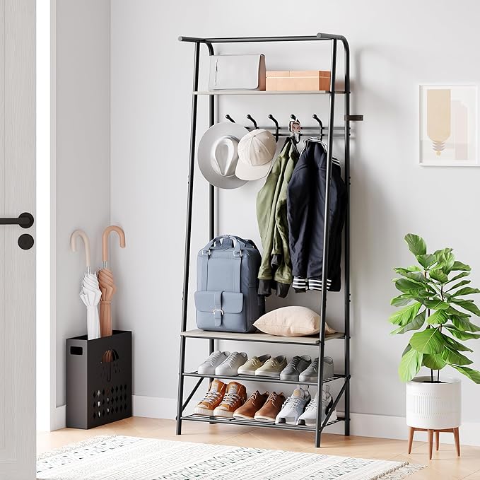 Coat Rack Shoe Bench with Single-Row 5 Hooks 60cm Width, 3-Tier Shelf Entryway Hall Tree with Storage, Metal Frame Multifunctional Organizer, 4-in-1 Coat Rack for Bathroom, Hallway.Grey.