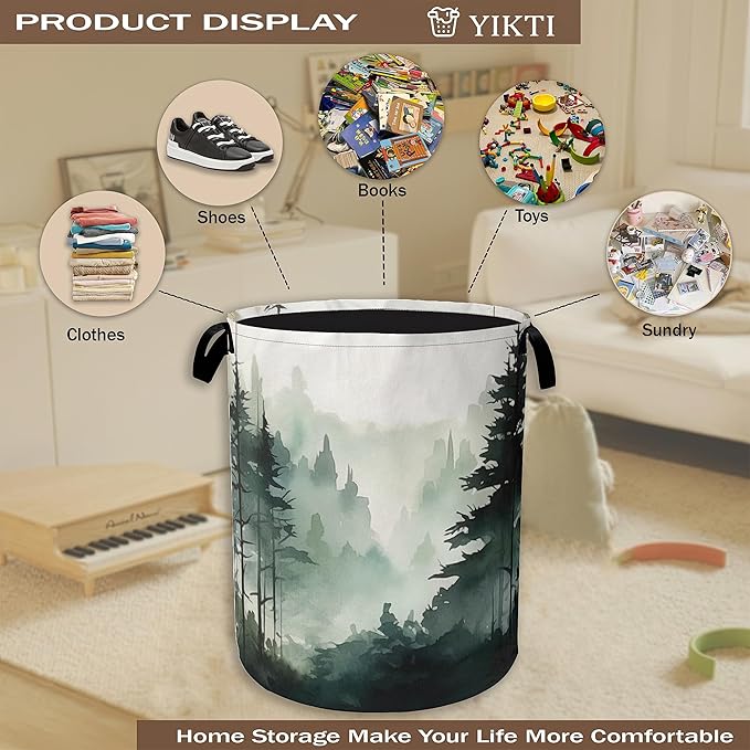 Foggy Forest Mountain Laundry Hamper,Watercolor Tree Clothes Hamper for Laundry,Waterproof Oxford Toy Storage Collapsible Hampers for Bedroom, Dorm Room,Bathroom,16x20 Inch