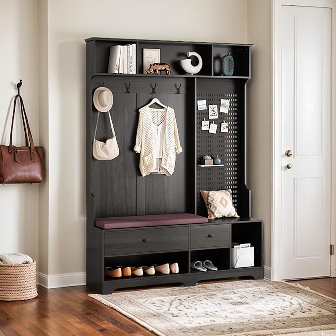 All-in-One Design Hall Tree with Removable Linen Cushioned, Entryway Bench, Coat Rack, Storage Shelves, DIY Pegboard, 4 Hooks, Multi-Purpose Hall Tree for Hallways Living Room