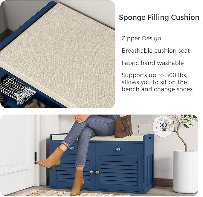 Shoe Storage Bench with Cushion, Shoe Bench, Padded Seat, 2 Drawer Storage, Entryway, Hold up to 300lbs, 15.8 x 32.29 x 18.1 Inches, Blue