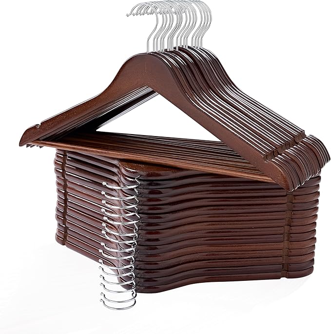 Wooden Hangers 30 Pack, Smooth Wood Hangers with 360 Swivel Hook & Notches, Solid Coat Hangers Wooden for Closet, Walnut