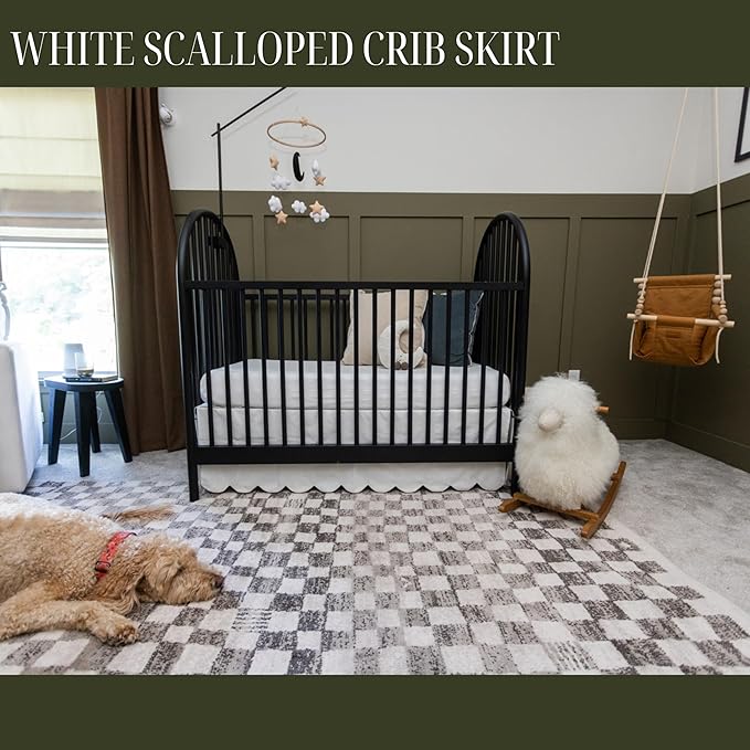 White Scalloped Crib Skirt Ruffle (One-Sided Add-On), Adjustable Linen Cotton Blend, Neutral Baby Bedding for Boys and Girls, Elegant Nursery Decor Skirt