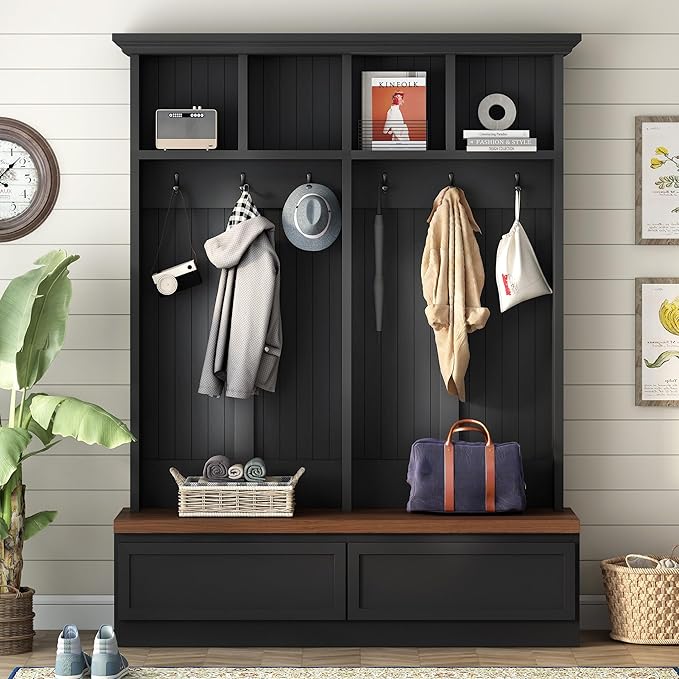 Hall Tree with Storage Bench, Farmhouse 4-in-1 Hall Tree with Wood Grain Bench, 2 Large Drawers, 6 Black Hooks, 4 Storage Compartments, Mudroom Versatile Coat Rack for Hallway, Living Room (Black/156)