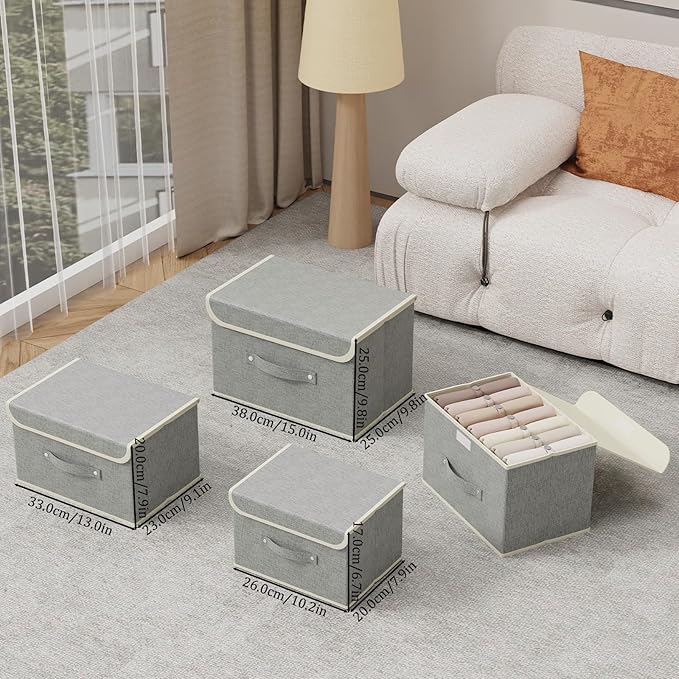 Storage Boxes, Collapsible Storage Bins with Lids, Cotton and linen cloth Storage Baskets with Handle, for Books, Closet, Bedroom, Home, 13x9.1x7.9 in, Grey