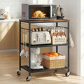 3-Tier Rolling Kitchen Microwave Cart, Kitchen Utility Cart on Lockable Wheels, Coffee Bar Table Station with 6 S-Shaped Hooks, Small Appliance Storage Shelf, Rustic Brown and Black