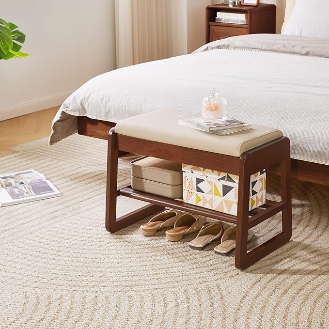 Shoe Rack Bench with Cushion, 2 Tiers Wood Shoe Bench with Flip-Top Storage, 23.62in Shoe Rack for Entryway, Hallway, Walnut Color YD-WD060B