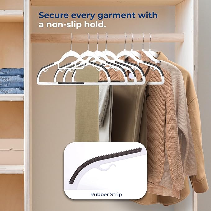 SereneLife Plastic Clothes Hangers, 30-Pack Hanger Set with Non-Slip Rubber Pads and 360° Swivel Metal Hook, Durable White Hangers for Shirts, Pants, Dresses, Space-Saving Closet Organizer