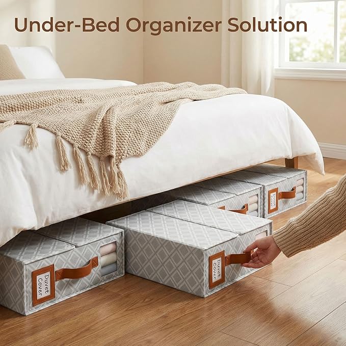 4 Pack Bed Sheet Organizers and Storage, (King & Queen Size) Sheet Organizer for Linen Closet, Foldable Bedding Storage Box with Window for Bedsheets, Duvet Cover and Pillowcase (Light Printed 4 Pack)
