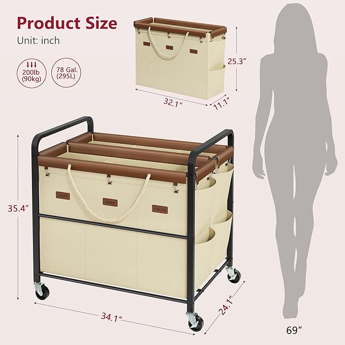 Tajsoon 295L Extra Large Laundry Hamper 6 Section, Heavy Duty Laundry Cart with Wheels, Commercial Laundry Sorter with Sturdy Metal Frame, Removable Bags & Leather Patchwork, Beige